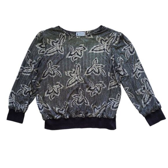 Vintage 80s Fun Funky Metallic Blouse Tag sz 18 Black Silver Leaf Slinky - Picture 2 of 15